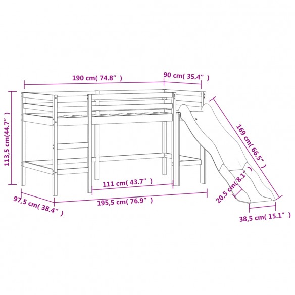 Lit mezzanine enfants toboggan blanc 90x190 cm bois pin massif