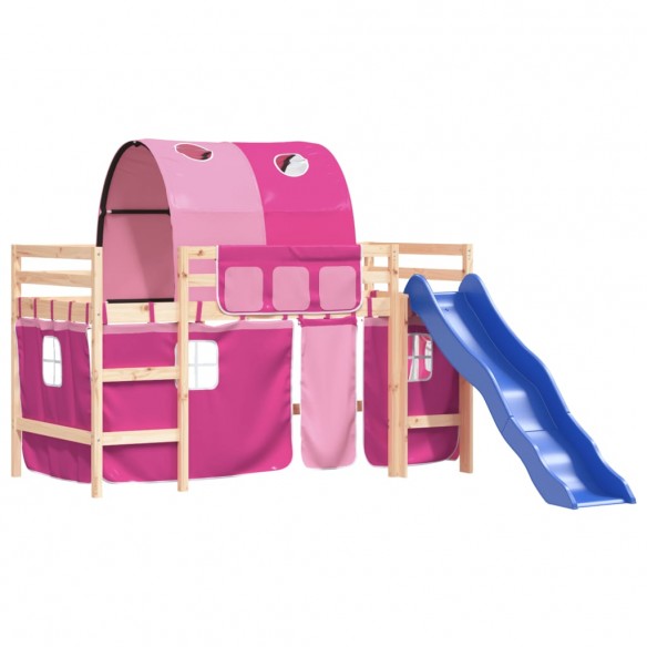 Lit mezzanine enfants avec tunnel rose 90x200cm bois pin massif