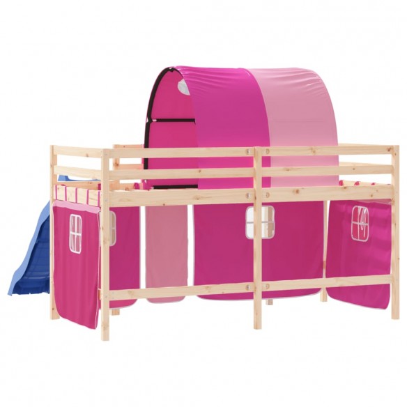 Lit mezzanine enfants avec tunnel rose 90x200cm bois pin massif