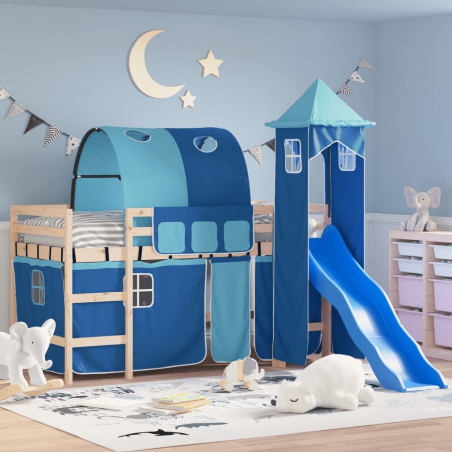 Lit mezzanine enfants avec tour bleu 90x200 cm bois pin massif