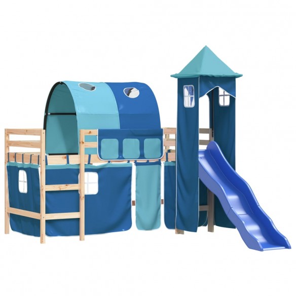 Lit mezzanine enfants avec tour bleu 90x200 cm bois pin massif