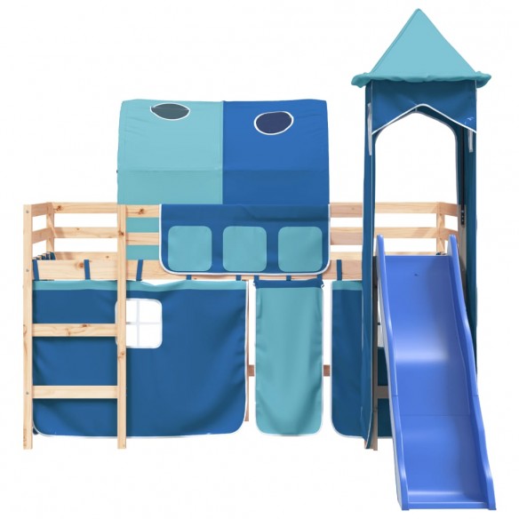 Lit mezzanine enfants avec tour bleu 90x200 cm bois pin massif