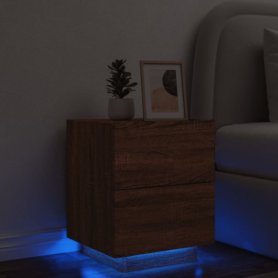 Armoire de chevet et lumières LED chêne marron bois ingénierie