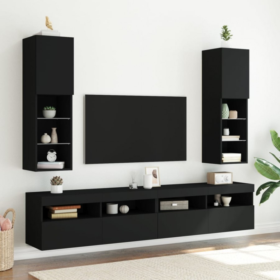 Meubles TV avec lumières LED 2 pcs noir 30,5x30x102 cm