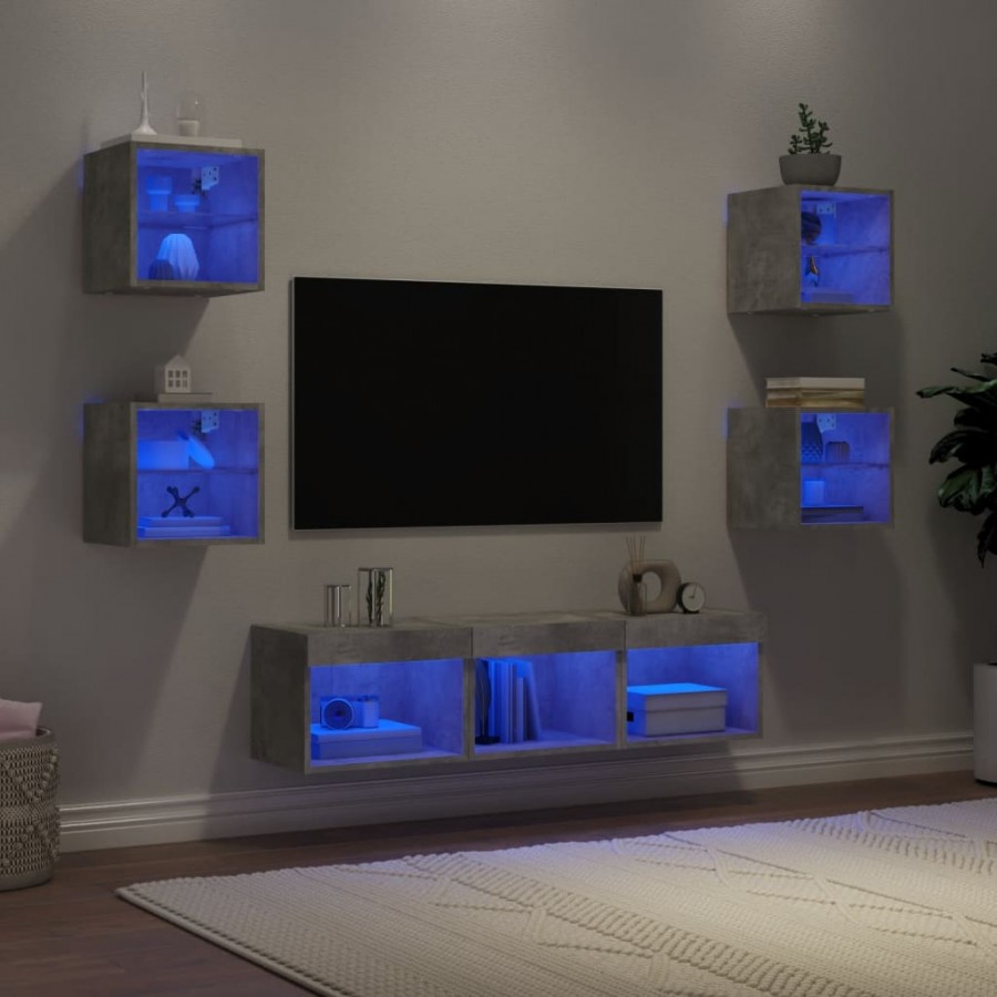 Unités murales TV avec LED 7 pcs gris béton bois d'ingénierie