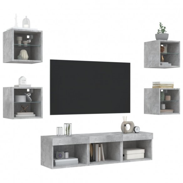 Unités murales TV avec LED 7 pcs gris béton bois d'ingénierie