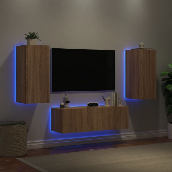 Meuble TV muraux 3 pcs avec lumières LED chêne sonoma