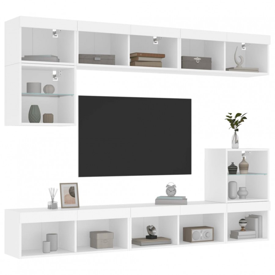 Unités murales TV avec LED 8 pcs blanc bois d'ingénierie