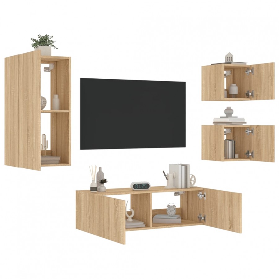 Meuble TV muraux 4 pcs avec lumières LED chêne sonoma