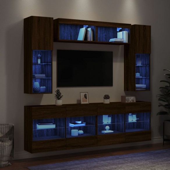 Ensemble de meubles TV muraux 6pcs et lumières LED chêne marron