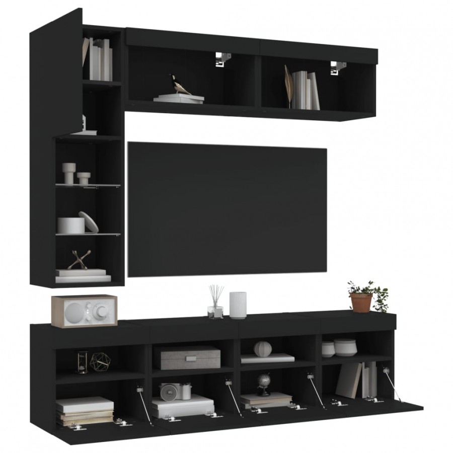 Ensemble de meubles TV muraux 7 pcs avec lumières LED noir