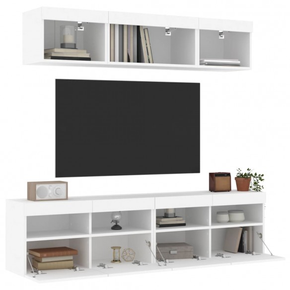 Unités murales TV avec LED 5 pcs blanc bois d'ingénierie