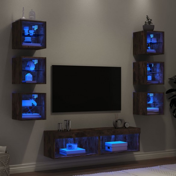Unités murales TV avec LED 8 pcs chêne fumé bois d'ingénierie