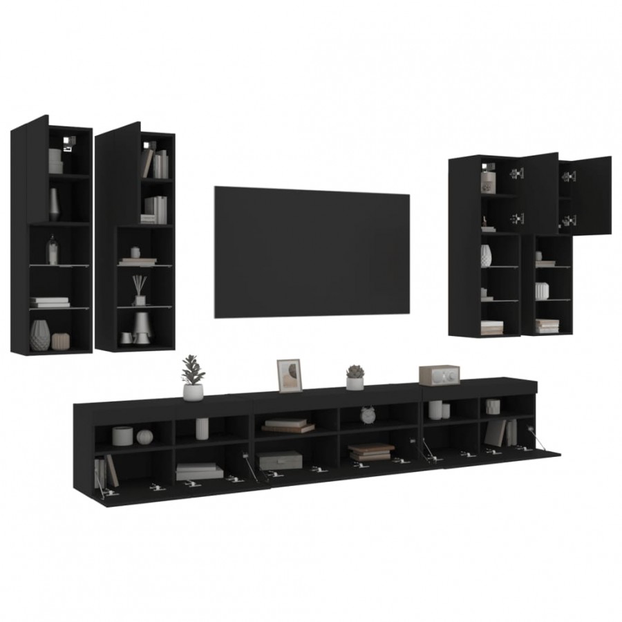 Ensemble de meubles TV muraux 7 pcs avec lumières LED noir