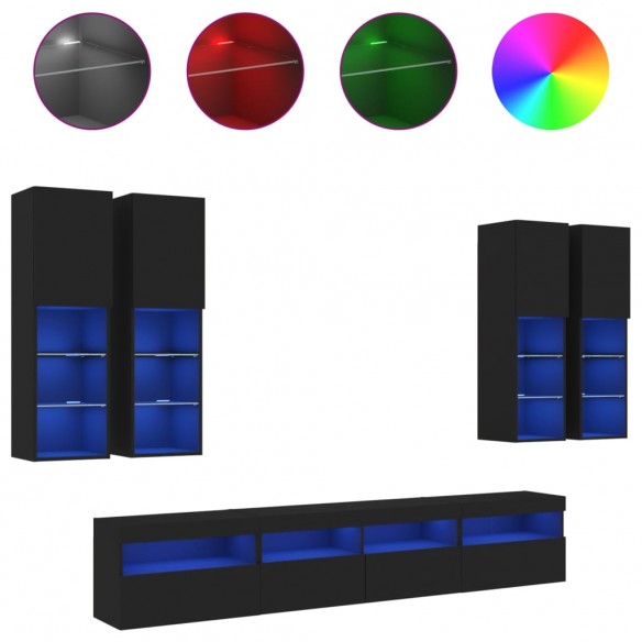 Ensemble de meubles TV muraux 7 pcs avec lumières LED noir