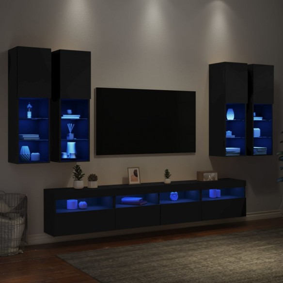 Ensemble de meubles TV muraux 7 pcs avec lumières LED noir