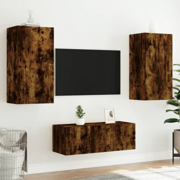 Unités murales TV avec LED 4 pcs chêne fumé bois d'ingénierie