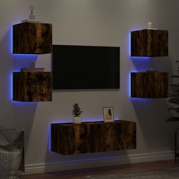 Unités murales TV avec LED 6 pcs chêne fumé bois d'ingénierie