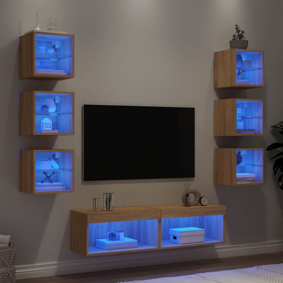 Unités murales TV avec LED 8 pcs chêne sonoma bois d'ingénierie