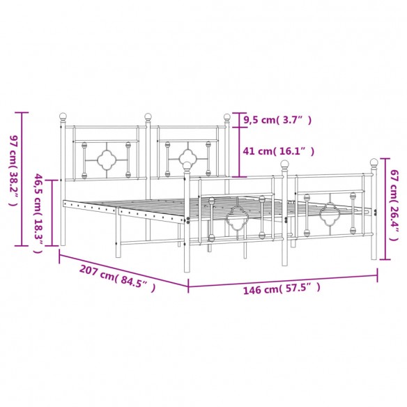 Cadre de lit métal avec tête de lit/pied de lit noir 140x200 cm