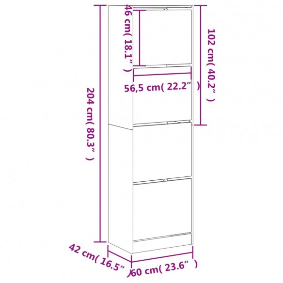 Armoire à chaussures 4 tiroirs rabattables chêne 60x42x204 cm