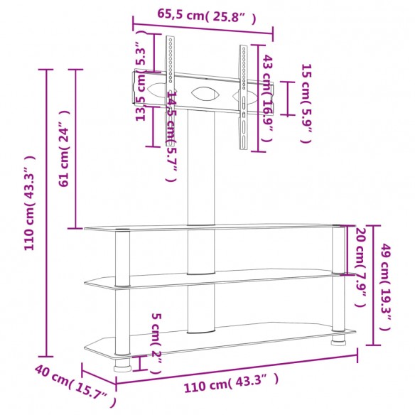 Meuble TV d'angle 3 niveaux pour 32-70 pouces noir