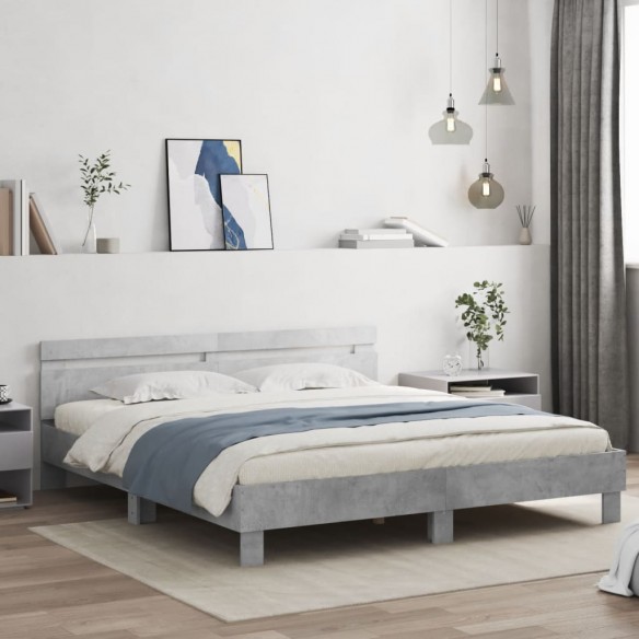 Cadre de lit avec tête de lit et LED gris béton 200x200 cm