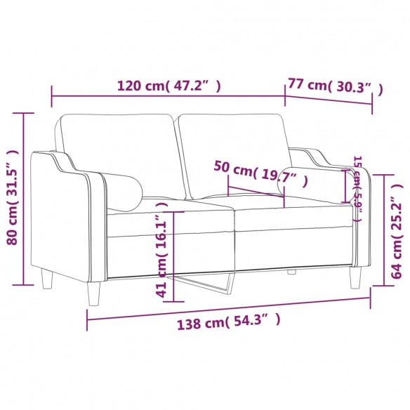 Canapé 2 places avec oreillers bordeaux 120 cm tissu
