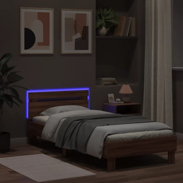 Cadre de lit tête de lit et lumières LED chêne marron 90x200 cm