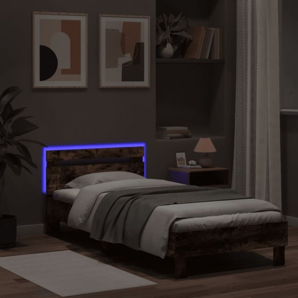 Cadre de lit tête de lit et lumières LED chêne fumé 75x190 cm