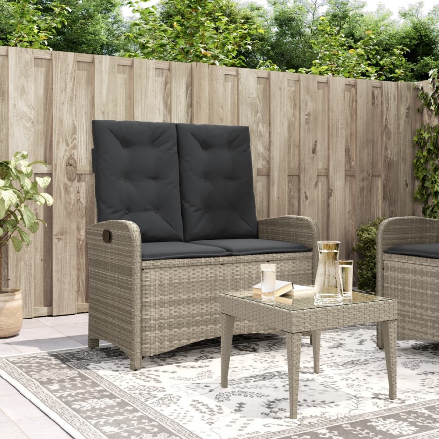 Banc inclinable de jardin et coussins gris clair résine tressée