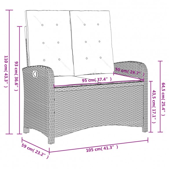 Banc inclinable de jardin et coussins gris clair résine tressée