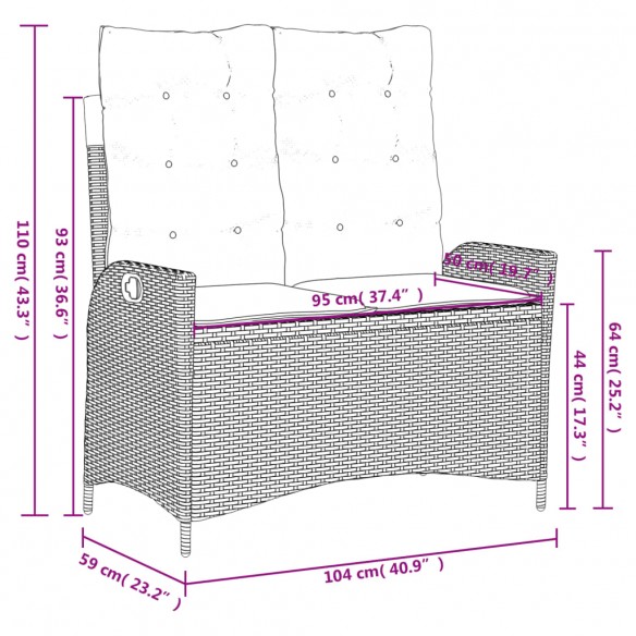 Banc inclinable de jardin avec coussins noir résine tressée