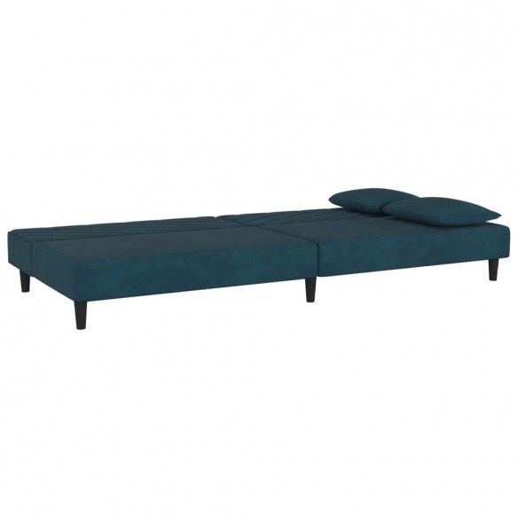 Canapé-lit à 2 places avec deux oreillers bleu velours