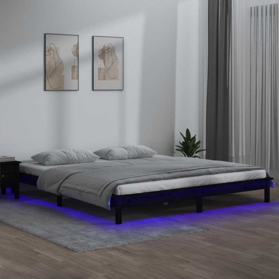 Cadre de lit à LED noir 140x190 cm bois massif
