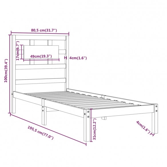 Cadre de lit Noir Bois massif 75x190 cm Petit simple