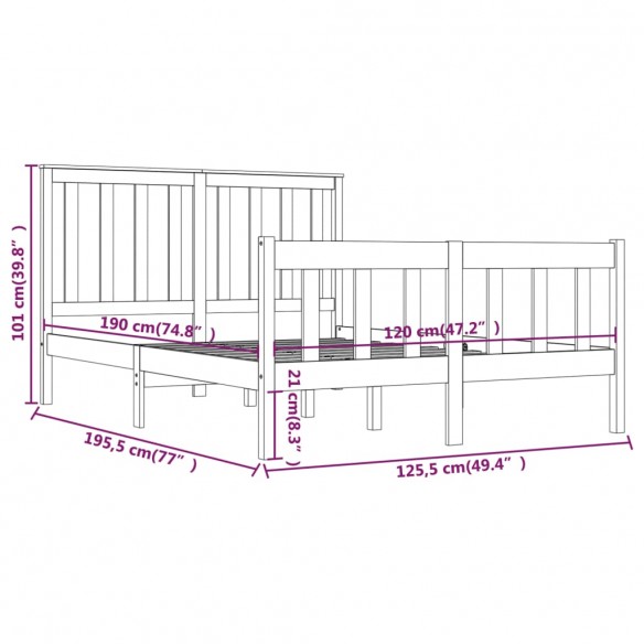 Cadre de lit Noir Bois de pin massif 120x190 cm Petit Double