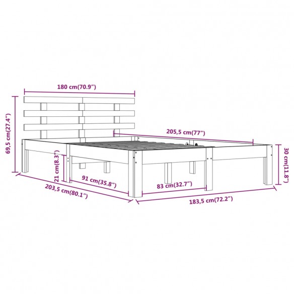 Cadre de lit bois massif 180x200 cm super king