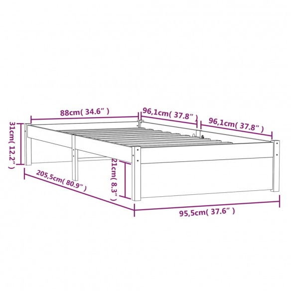 Cadre de lit Blanc Bois massif 90x200 cm