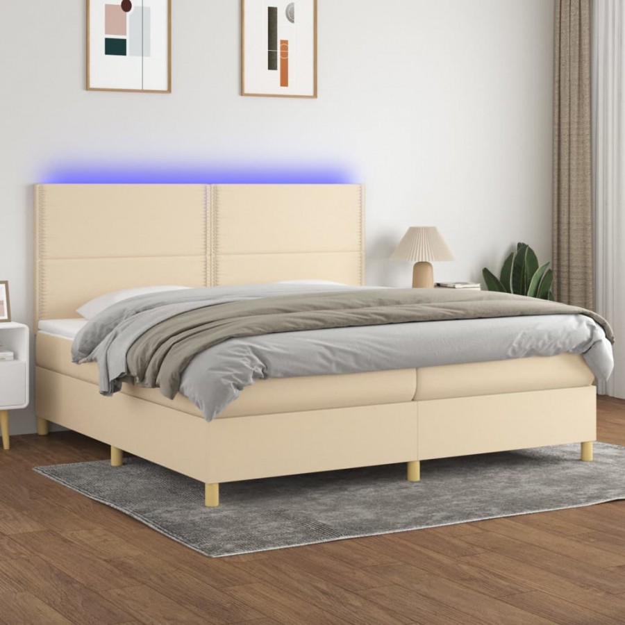 Sommier à lattes de lit et matelas et LED Crème 200x200cm Tissu