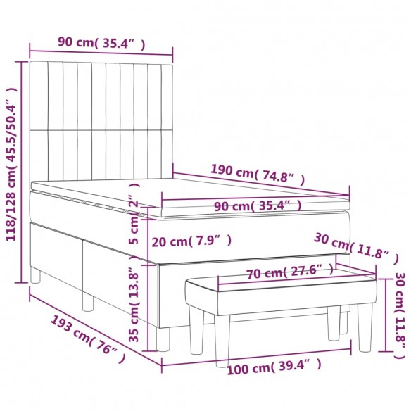 Cadre de lit et matelas Gris foncé 90x190 cm Tissu