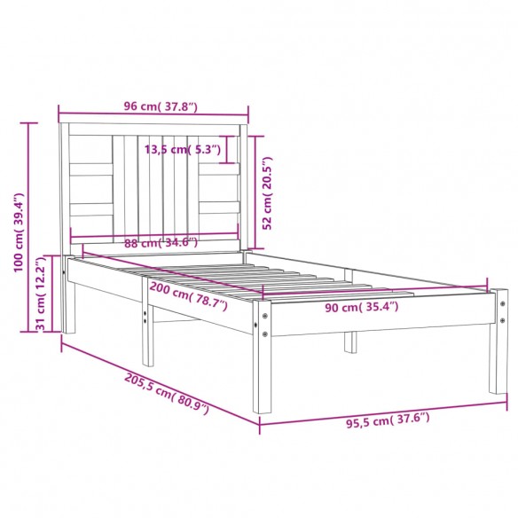 Cadre de lit Bois massif 90x200 cm