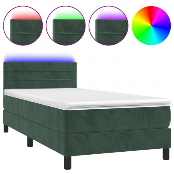 Sommier à lattes de lit et matelas et LED Vert foncé 90x200 cm