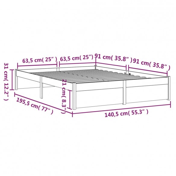 Cadre de lit Noir Bois massif 135x190 cm Double