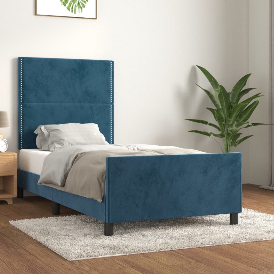 Cadre de lit avec tête de lit Bleu foncé 90x200 cm Velours
