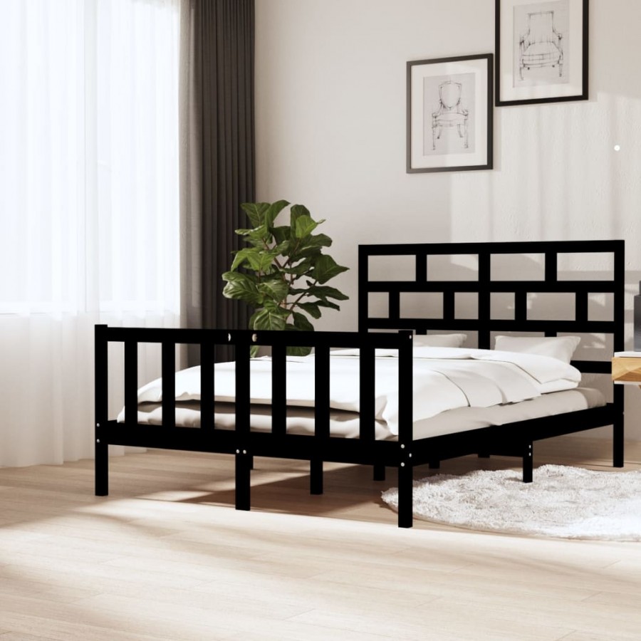 Cadre de lit Noir Bois de pin massif 150x200 cm Très grand