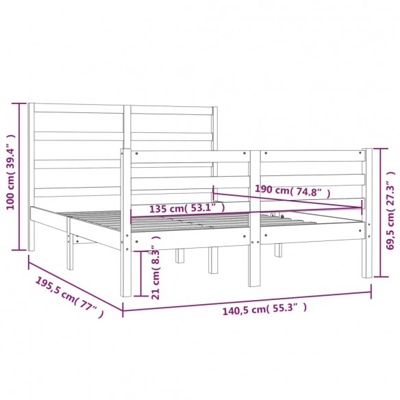 Cadre de lit Gris Bois de pin massif 135x190 cm Double