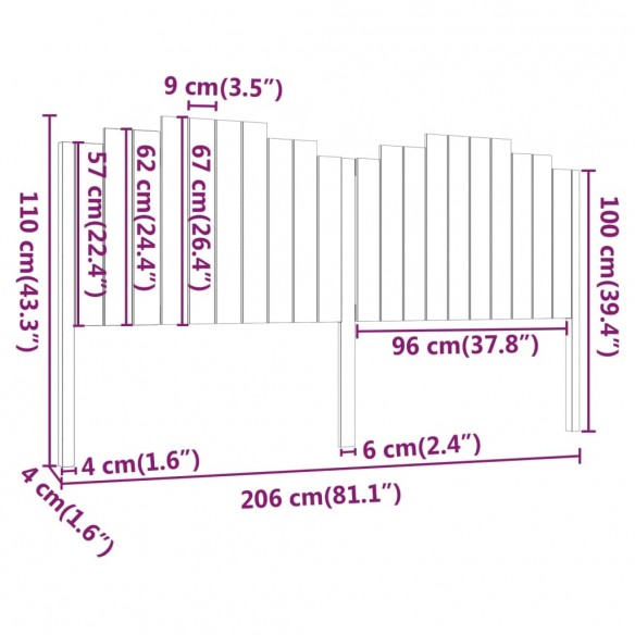 Tête de lit Marron miel 206x4x110 cm Bois massif de pin