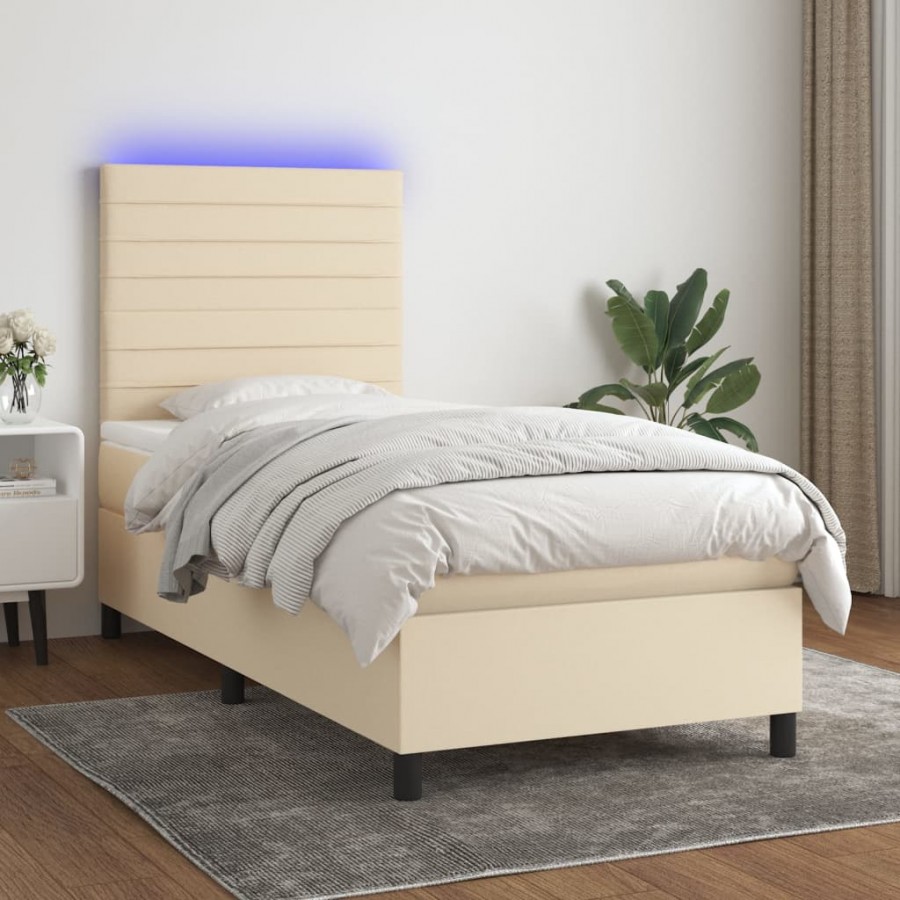 Sommier à lattes de lit et matelas et LED Crème 90x190 cm Tissu