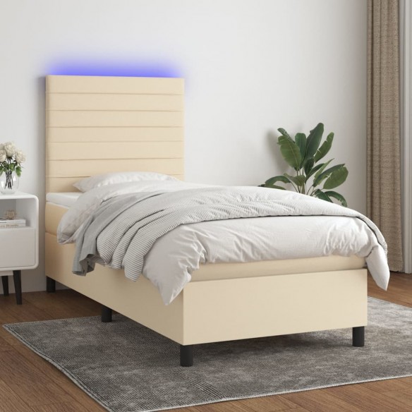 Sommier à lattes de lit et matelas et LED Crème 90x190 cm Tissu